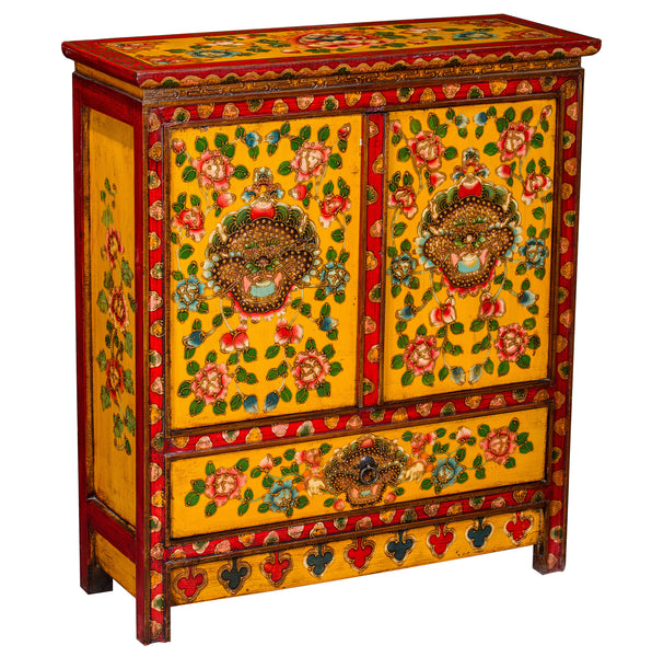 Tibetan Style Yellow Hand Painted Cabinet