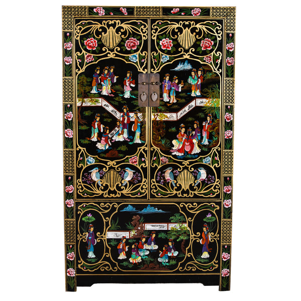 Black Lacquered Chinese Painted Storage Cabinet