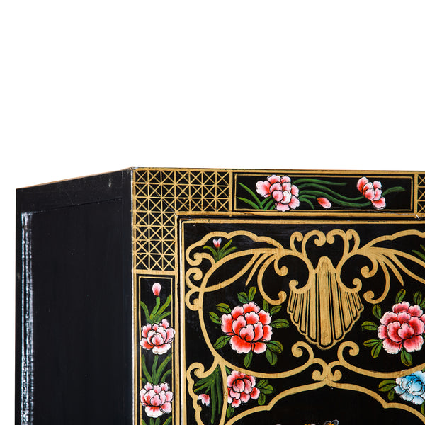 Black Lacquered Chinese Painted Storage Cabinet