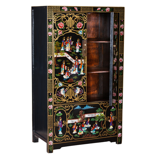 Black Lacquered Chinese Painted Storage Cabinet