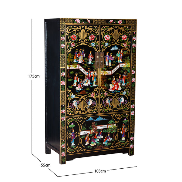 Black Lacquered Chinese Painted Storage Cabinet