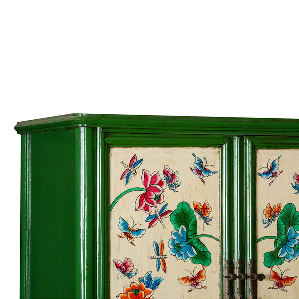 Green Chinese Hand Painted Lotus Storage Cabinet