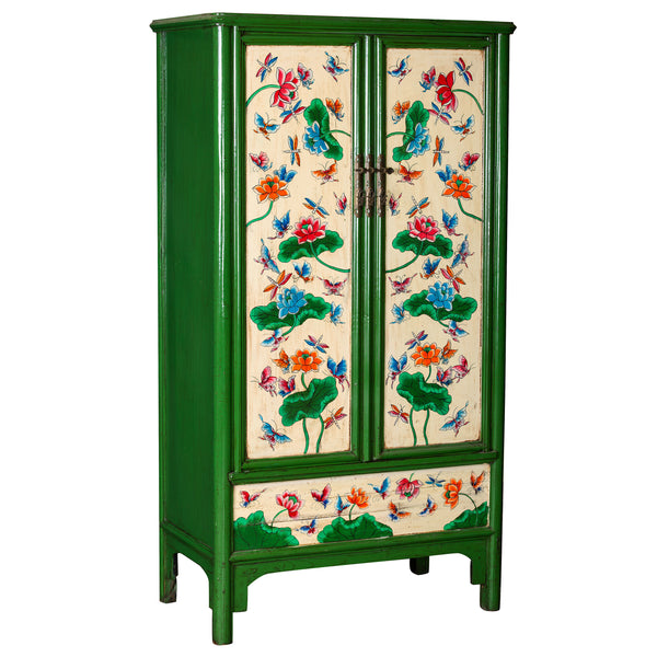 Green Chinese Hand Painted Lotus Storage Cabinet