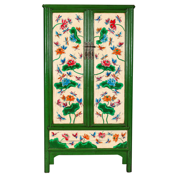 Green Chinese Hand Painted Lotus Storage Cabinet