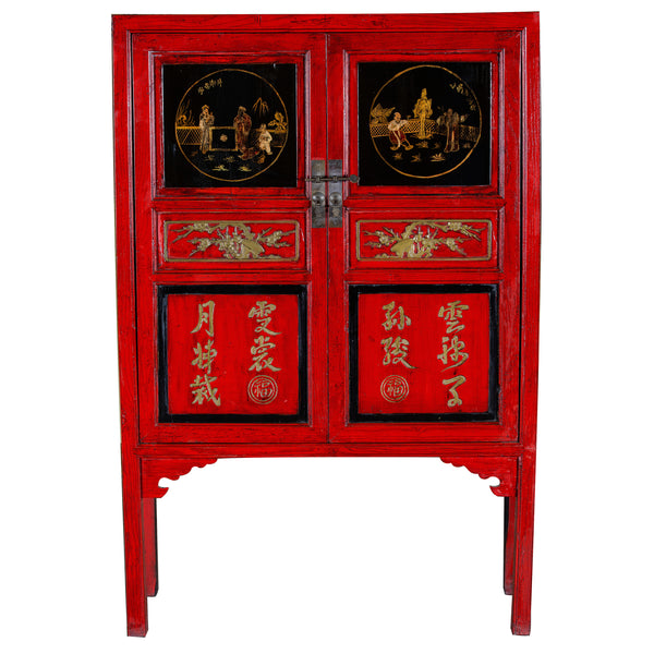 Red Oriental Painted Wooden Wardrobe