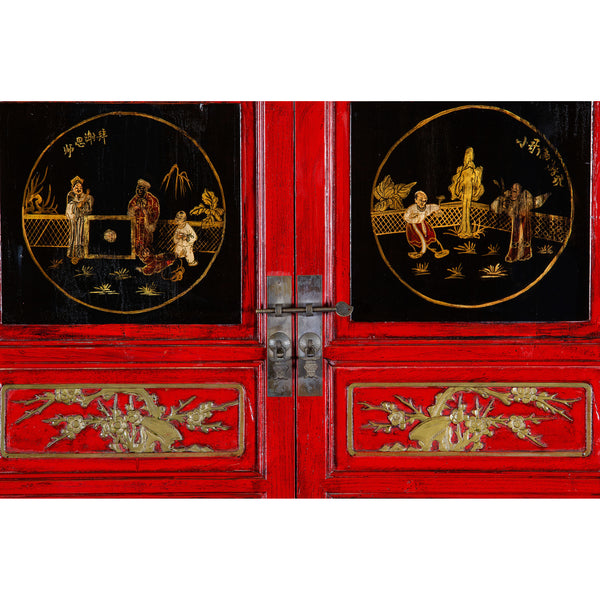 Red Oriental Painted Wooden Wardrobe
