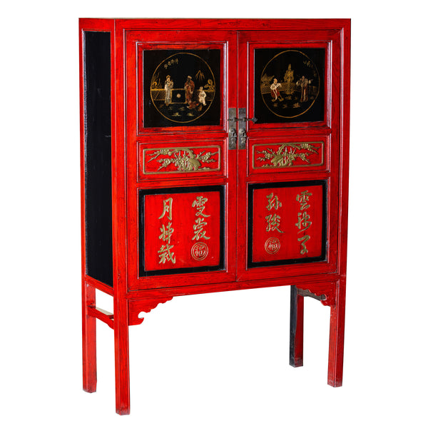 Red Oriental Painted Wooden Wardrobe