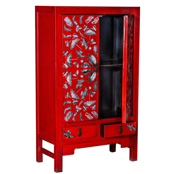 Red Lacquered Chinese Painted Storage Cabinet with Animal Features