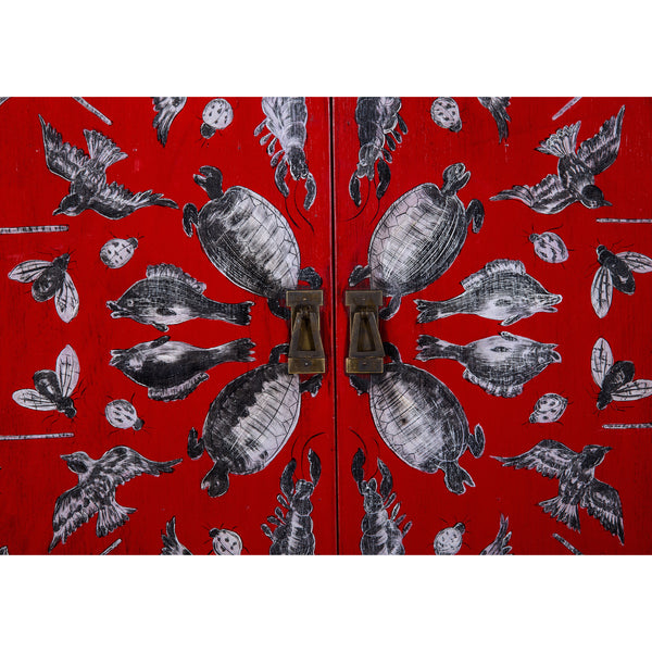 Red Lacquered Chinese Painted Storage Cabinet with Animal Features