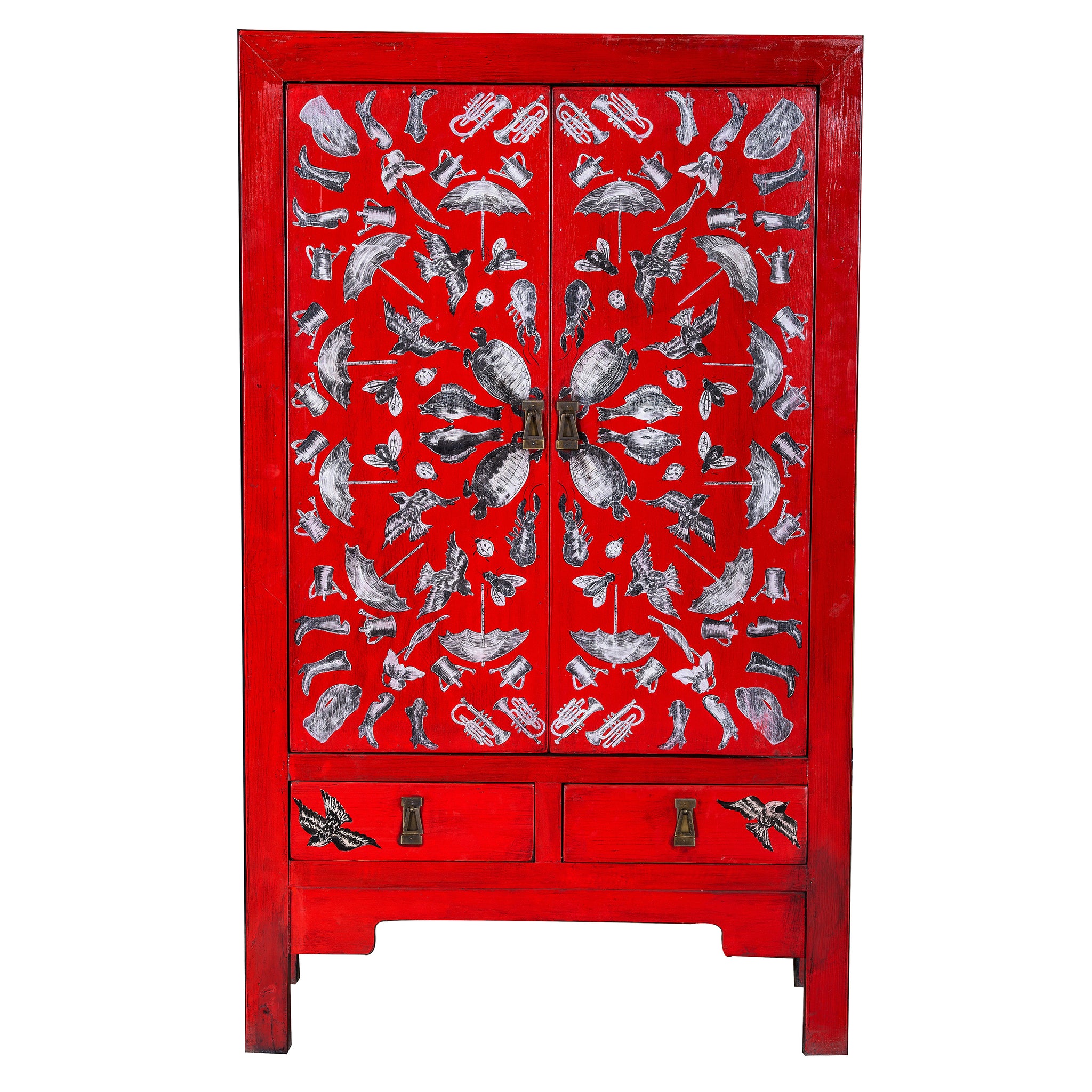 Red Lacquered Chinese Painted Storage Cabinet with Animal Features