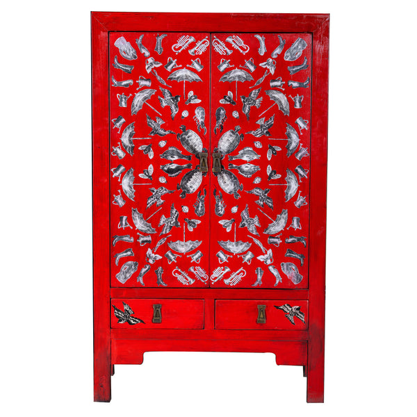 Red Lacquered Chinese Painted Storage Cabinet with Animal Features