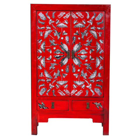 Red Lacquered Chinese Painted Storage Cabinet with Animal Features