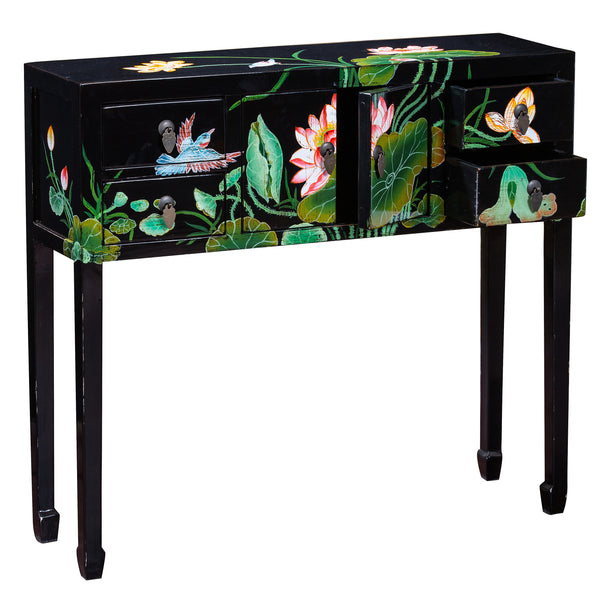 Black Floral Hand Painted Lacquered Chinese Console Table