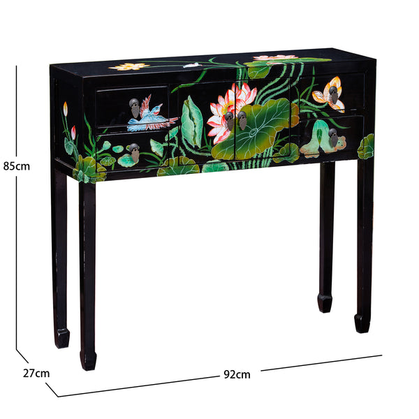 Black Floral Hand Painted Lacquered Chinese Console Table