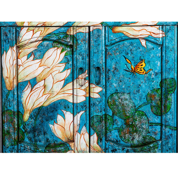 Small Blue Chinese Painted Storage Cabinet with Lotus