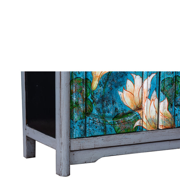 Small Blue Chinese Painted Storage Cabinet with Lotus