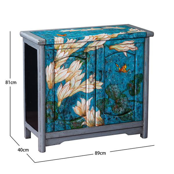 Small Blue Chinese Painted Storage Cabinet with Lotus