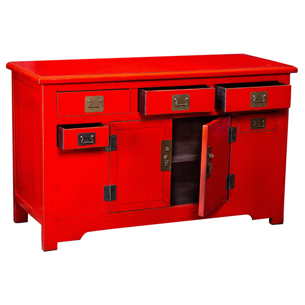 Red Chinese Solid Wood Painted Sideboard Cabinet