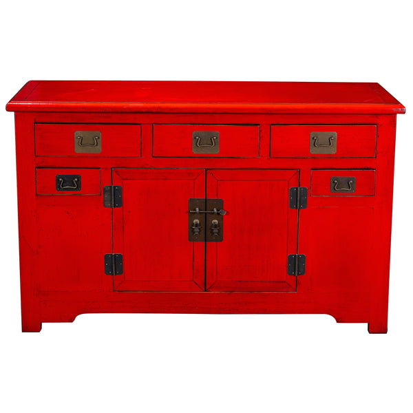 Red Chinese Solid Wood Painted Sideboard Cabinet