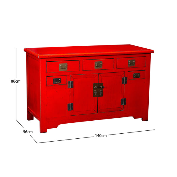 Red Chinese Solid Wood Painted Sideboard Cabinet