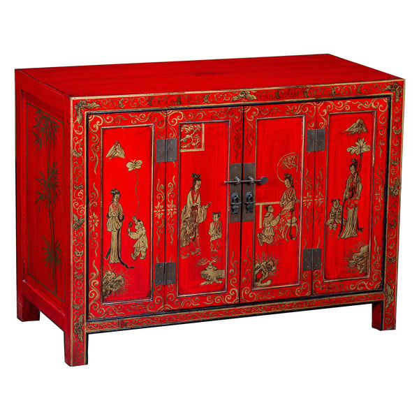 Contemporary Chinese Red Hand Painted Four-Door Sideboard