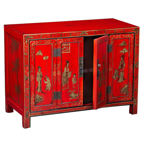 Contemporary Chinese Red Hand Painted Four-Door Sideboard