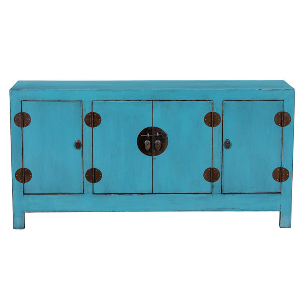 Blue Turquoise Oriental Solid Wood Painted Sideboard Cabinet