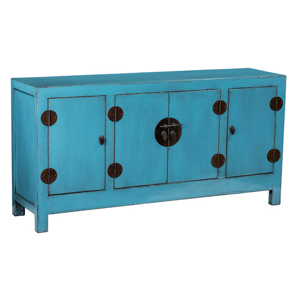 Blue Turquoise Oriental Solid Wood Painted Sideboard Cabinet