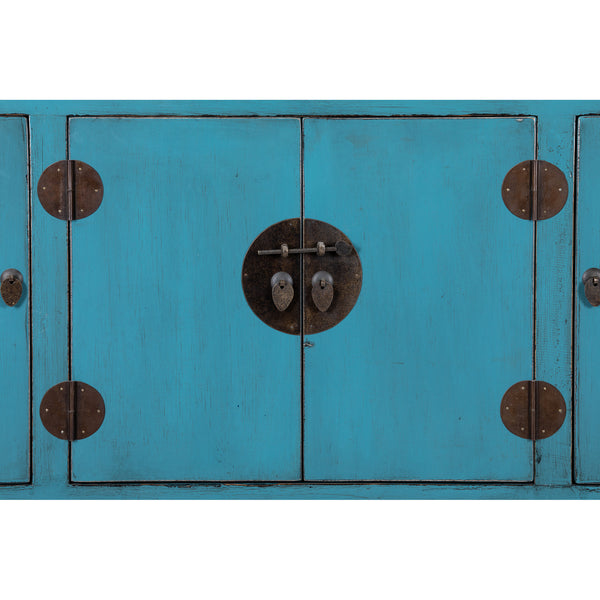 Blue Turquoise Oriental Solid Wood Painted Sideboard Cabinet