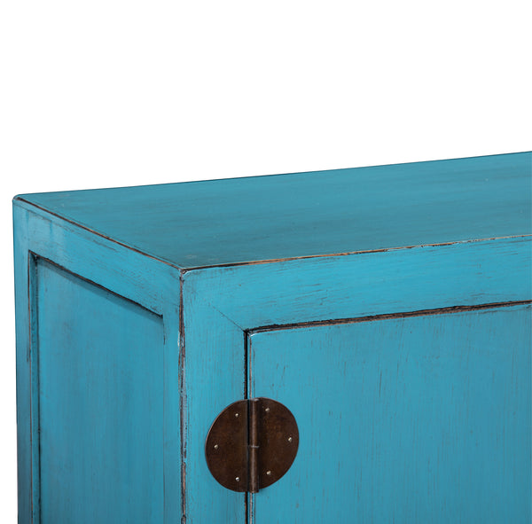 Blue Turquoise Oriental Solid Wood Painted Sideboard Cabinet