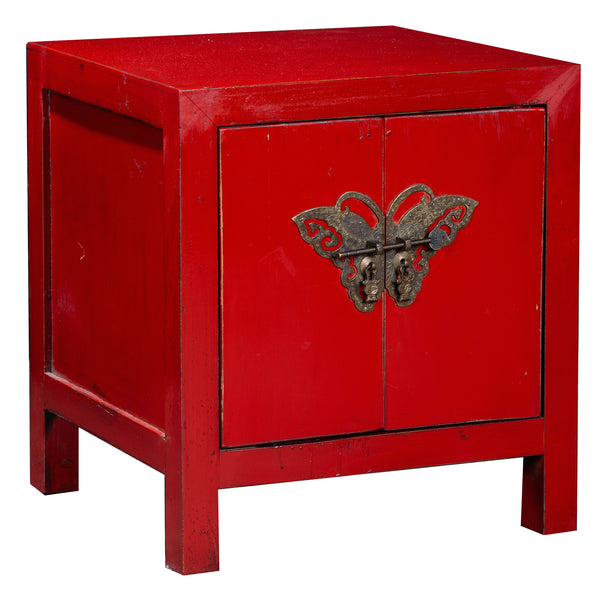 Small Red Chinese Painted Bedside Storage Cabinet